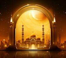 AI generated a golden arabic backdrop with mosque and crescent moon, photo