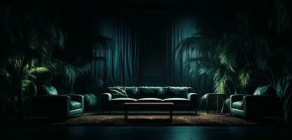 AI generated a dark room decorated with palms and leaves, photo