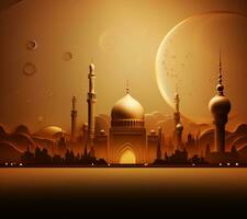 AI generated a golden arabic backdrop with mosque and crescent moon, photo