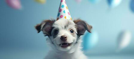 AI generated a dog in a party hat is blowing out his nose, photo