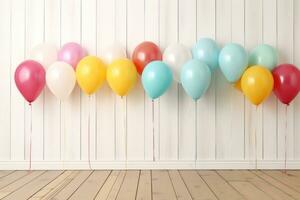 AI generated a colorful group of balloons on wood, photo