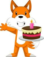 Fox with cake, illustration, vector on white background.