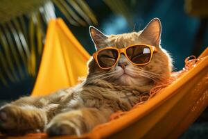 ai generado un gato vestido arriba en Gafas de sol es dormido en un hamaca, foto