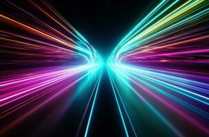 AI generated a bright green, blue, purple, and red light trail moving through some space, photo