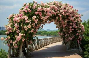 AI generated a bridge with flowers covered in plastic flowers on it photo