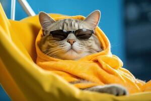 AI generated a cat dressed up in sunglasses is sleeping in a hammock, photo