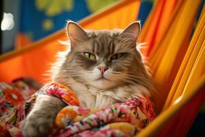 AI generated a cat dressed up in sunglasses is sleeping in a hammock, photo