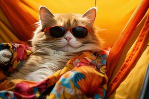 AI generated a cat dressed up in sunglasses is sleeping in a hammock, photo