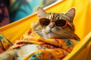 AI generated a cat dressed up in sunglasses is sleeping in a hammock, photo