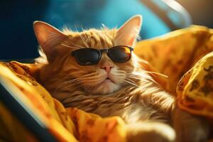 AI generated a cat dressed up in sunglasses is sleeping in a hammock, photo