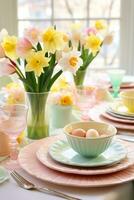AI generated A bright and colorful Easter-inspired table setting with pastel-colored plates, photo