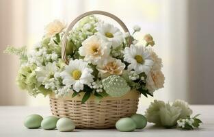 AI generated a basket full of easter eggs and flowers, photo