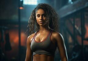 AI generated a black woman standing in a gym wearing a tank top, photo