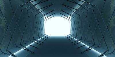 technology tunnel aisle on spaceship Futuristic Space and Sci Fi Corridor Room Showcase Lighting Beam Tunnel Modern Future Showroom Floor and Wall Technology 3D Background photo