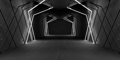 technology tunnel aisle on spaceship Futuristic Space and Sci Fi Corridor Room Showcase Lighting Beam Tunnel Modern Future Showroom Floor and Wall Technology 3D Background photo