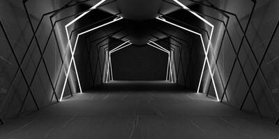 technology tunnel aisle on spaceship Futuristic Space and Sci Fi Corridor Room Showcase Lighting Beam Tunnel Modern Future Showroom Floor and Wall Technology 3D Background photo