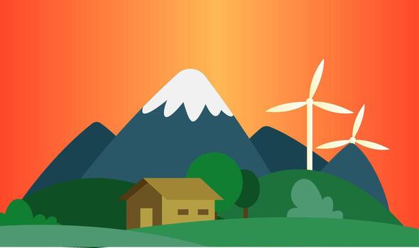 Sunset in the mountains where they use wind as a resource illustration vector on white background