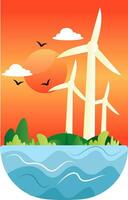 Illustration of windmills at a sunset illustration vector on white background