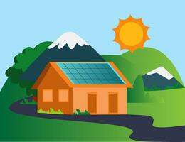 House in the mountain with solar panels illustration vector on white background