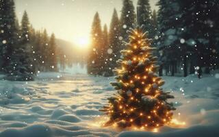 AI generated Christmas tree decorated with lights On the snow-covered area Behind the pine forest In the twilight time there is snow photo