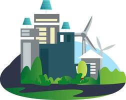 Buildings with solar panels and windmills in the background illustration vector on white background