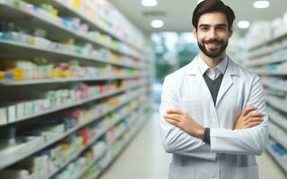AI generated A pharmacist stands with his arms crossed in a drug store. The background of the pharmacy shelf is blurred. photo