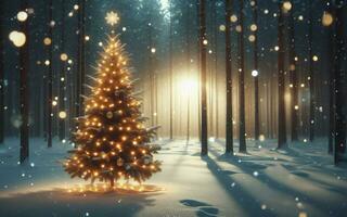 ai generado Navidad árbol decorado con luces en el cubierto de nieve zona detrás el pino bosque en el crepúsculo hora allí es nieve foto