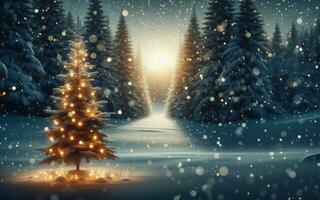 AI generated Christmas tree decorated with lights On the snow-covered area Behind the pine forest In the twilight time there is snow photo