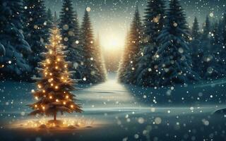 AI generated Christmas tree decorated with lights On the snow-covered area Behind the pine forest In the twilight time there is snow photo