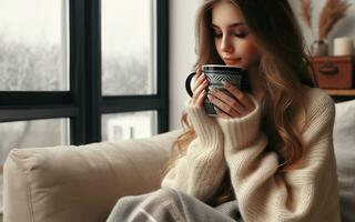 AI generated Young woman holds a hot drink in her hand inside the warm house on the living room sofa Woman drinking hot coffee Outside the window shows a snowy winter view photo