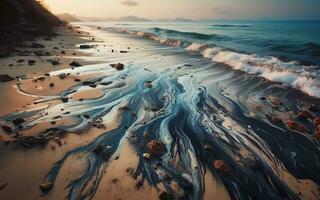 ai generado petróleo manchas en el mar petróleo derrames sobre playas y cursos de agua foto