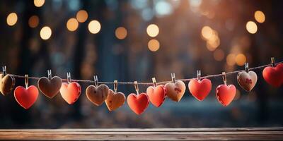 AI generated Happy Valentine's Day Wedding Birthday Background Banner Panoramic Greeting Red Hearts Hanging On Wooden Clothespins Rope With Bokeh Lights On Background photo