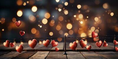 AI generated Happy Valentine's Day Wedding Birthday Background Banner Panoramic Greeting Red Hearts Hanging On Wooden Clothespins Rope With Bokeh Lights On Background photo