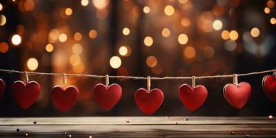 ai generado contento San Valentín día Boda cumpleaños antecedentes bandera panorámico saludo rojo corazones colgando en de madera pinzas para la ropa cuerda con bokeh luces en antecedentes foto