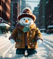 AI generated cute snow man in the street photo