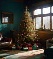 ai generado acogedor habitación con Navidad árbol foto