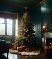 ai generado acogedor habitación con Navidad árbol foto