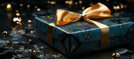 AI generated A Christmas box with gold ribbons Generative AI. photo