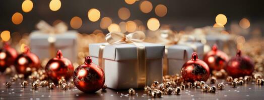 AI generated A Christmas box with gold ribbons Generative AI. photo