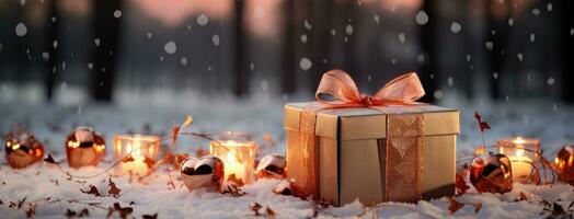 AI generated A Christmas box with gold ribbons Generative AI. photo