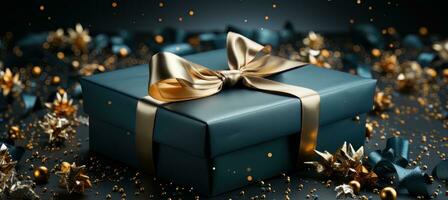AI generated A Christmas box with gold ribbons Generative AI. photo