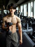 AI generated Young Asian male model, bright smile, good figure, exercise background at the gym, high resolution. The whole picture is sharp. Generate AI photo
