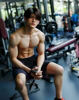 AI generated Young Asian male model, bright smile, good figure, exercise background at the gym, high resolution. The whole picture is sharp. Generate AI photo