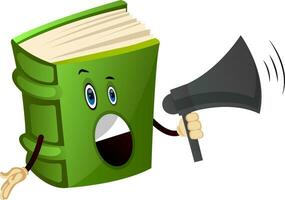 Green book talking on megaphone, illustration, vector on white background.