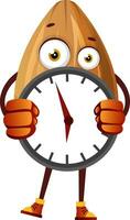 Almond hiding behind big clock, illustration, vector on white background.