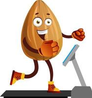 Almond running on a treadmill, illustration, vector on white background.