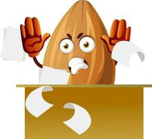 Angry almond sitting behind desk ,papers flying around, illustration, vector on white background.