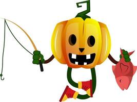 Pumpkin with fishing rod, illustration, vector on white background.