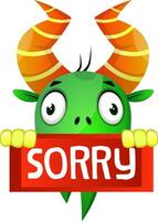 Cartoon monster apologizes, illustration, vector on white background.