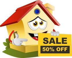 House is pointing on a sale sign, illustration, vector on white background.